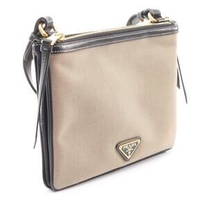 Prada Shoulder Bag Leather Canvas Black Logo Tan Beige Jacquard